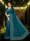 Petrolfarbener Saree mit floraler Glitzerbordüre