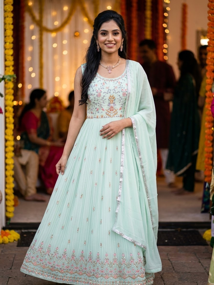 Mintgrünes Anarkali-Kleid mit floralen Verzierungen und Dupatta Damage !!