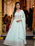 Mintgrünes Anarkali-Kleid mit floralen Verzierungen und Dupatta Damage !!
