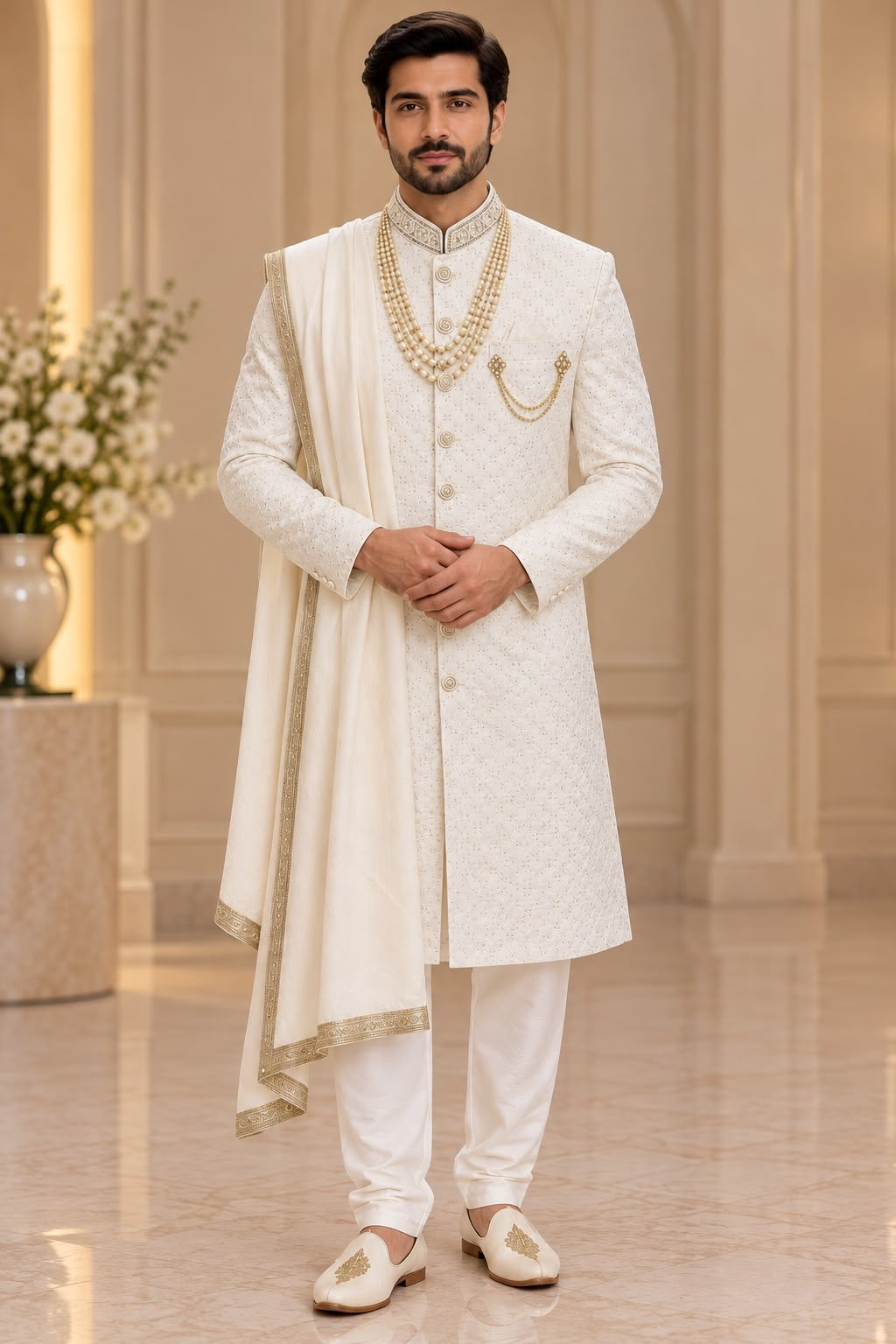 Ivory Sherwani with Embellished Collar – Size 38