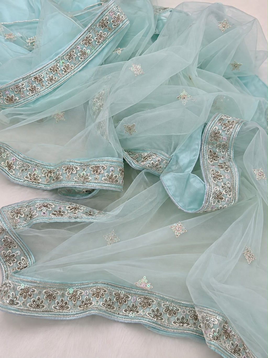 Mint Green Embroidered Unstitched Lehenga
