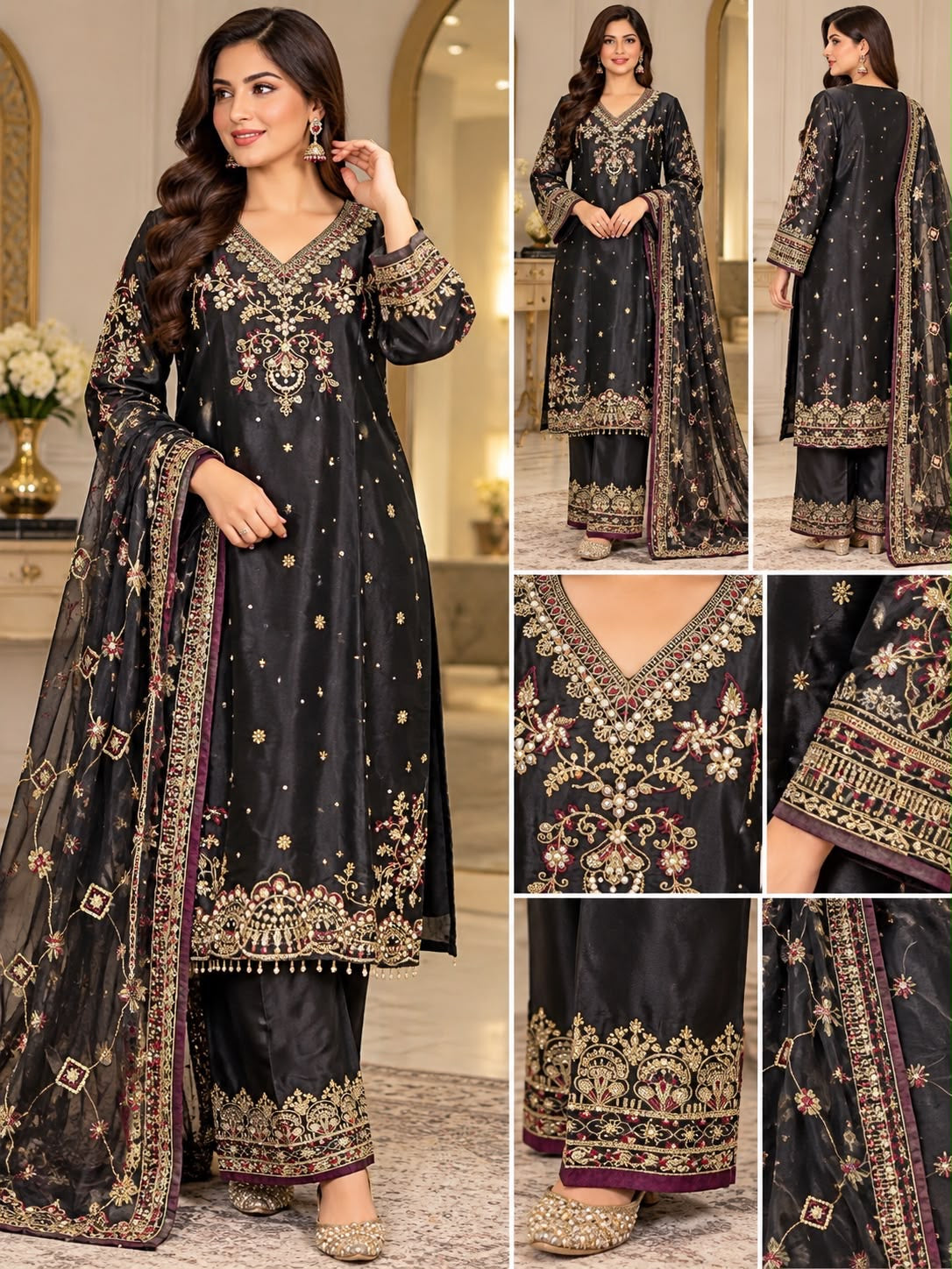 Black Floral Kurta Outfit with Gold-Tone Detailing – Size M