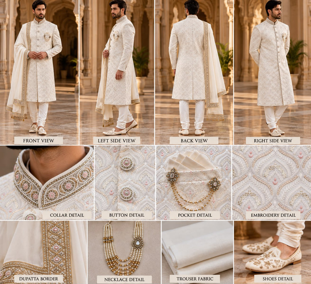 Ivory Sherwani with Pastel Floral Pattern – Size 40