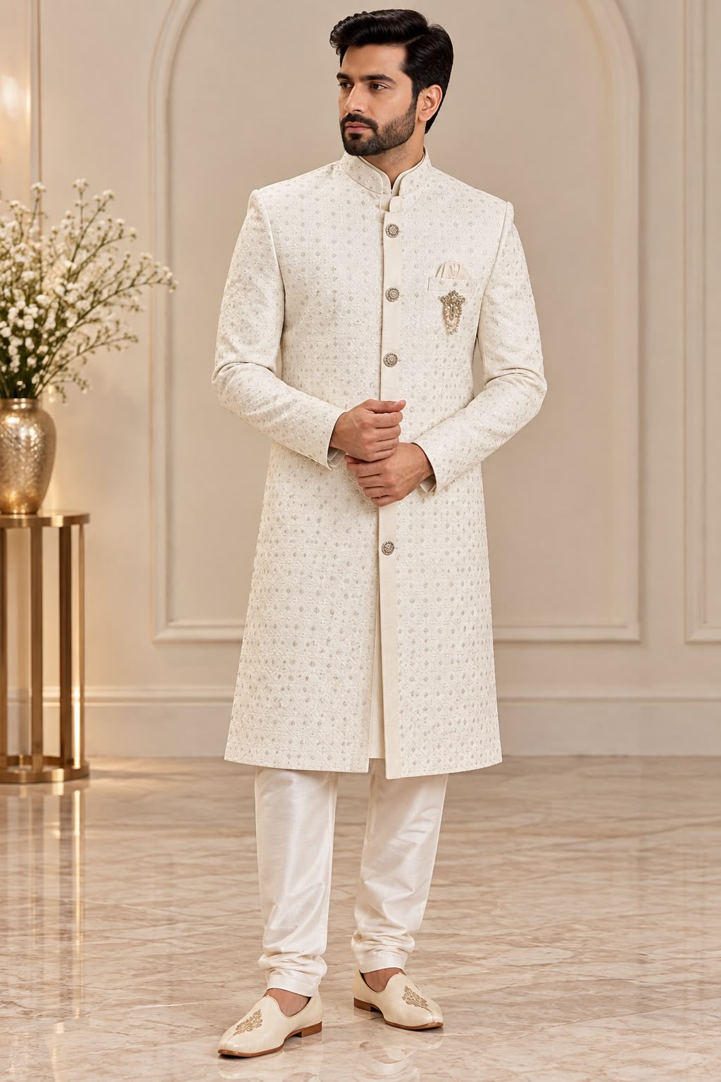 Ivory Embellished Sherwani – Size L
