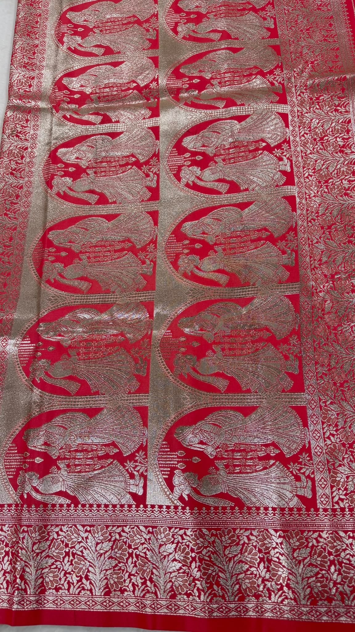 Red Banarasi Saree with Silver Zari Figurative Pallu