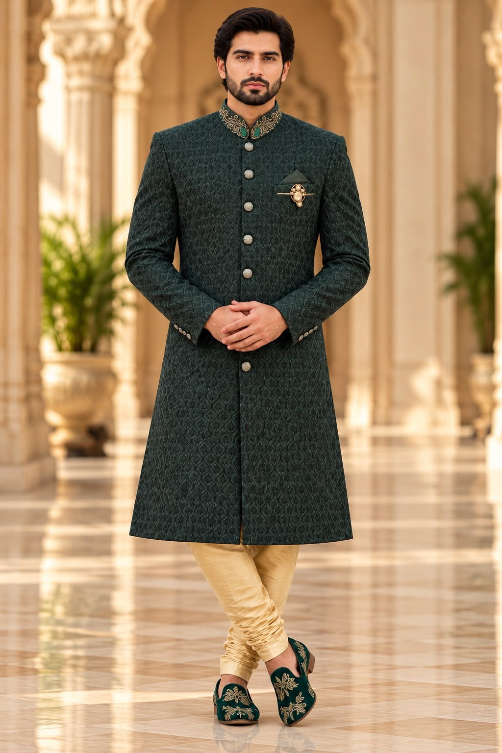 Dark Green Sherwani with Embellished Collar – Size 38