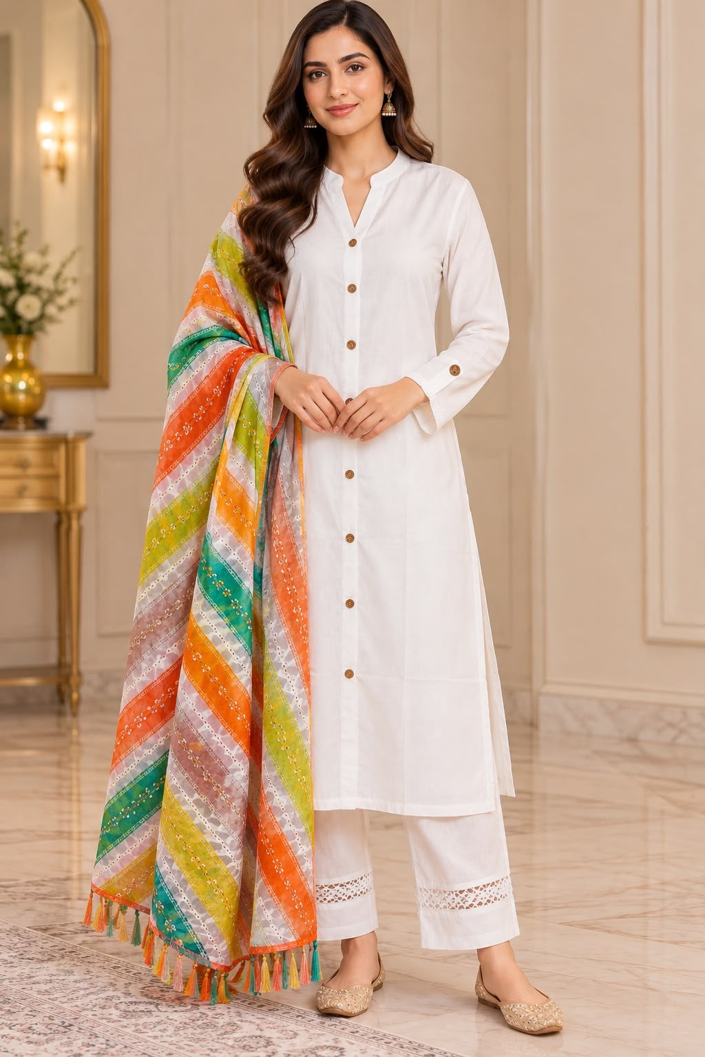 White Kurta Set with Multicolour Dupatta – Size L