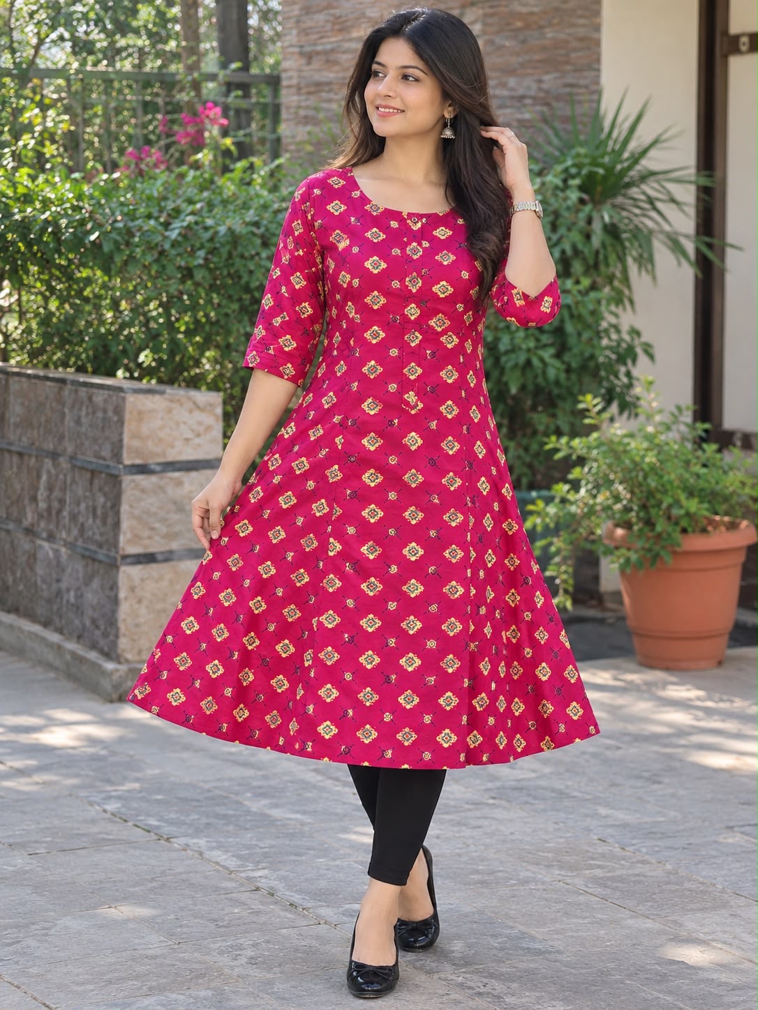 Damen Kurti – Pink mit Muster, L