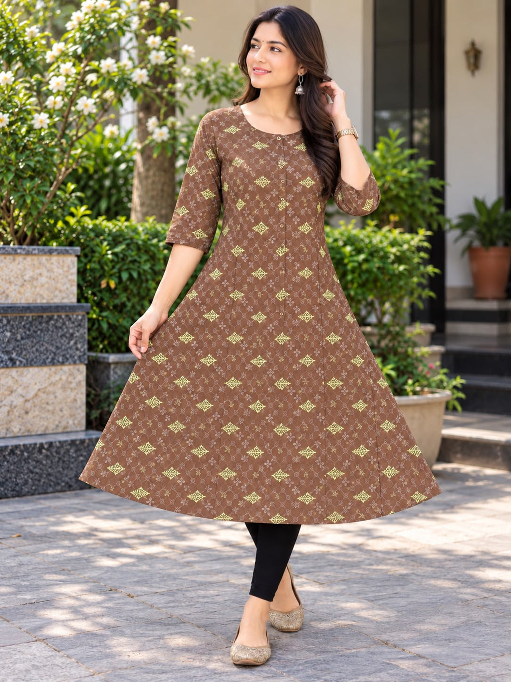 Damen Kurti mit Muster – Braun & Grün, XL