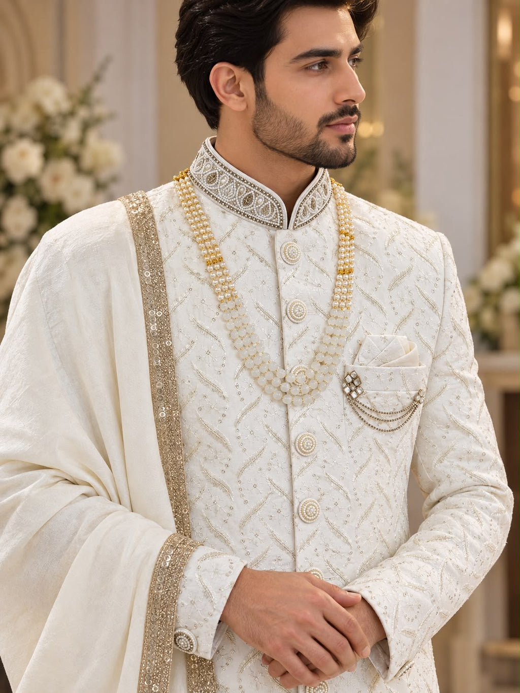 Ivory Patterned Sherwani – Size 40