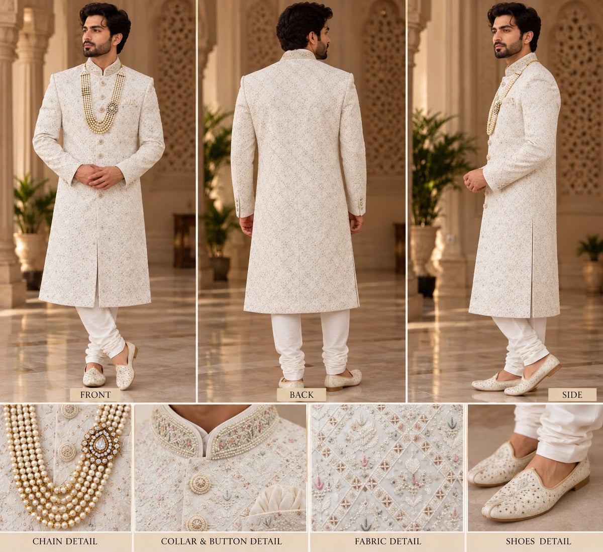 Ivory Sherwani with Pastel Detailing – Size 36