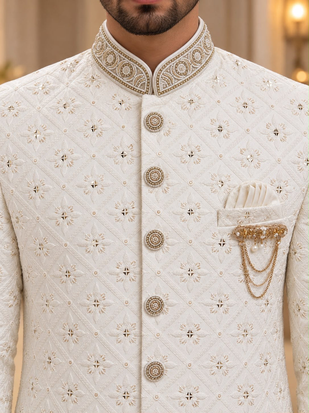 Ivory Sherwani with Geometric Embellishments – Size 42