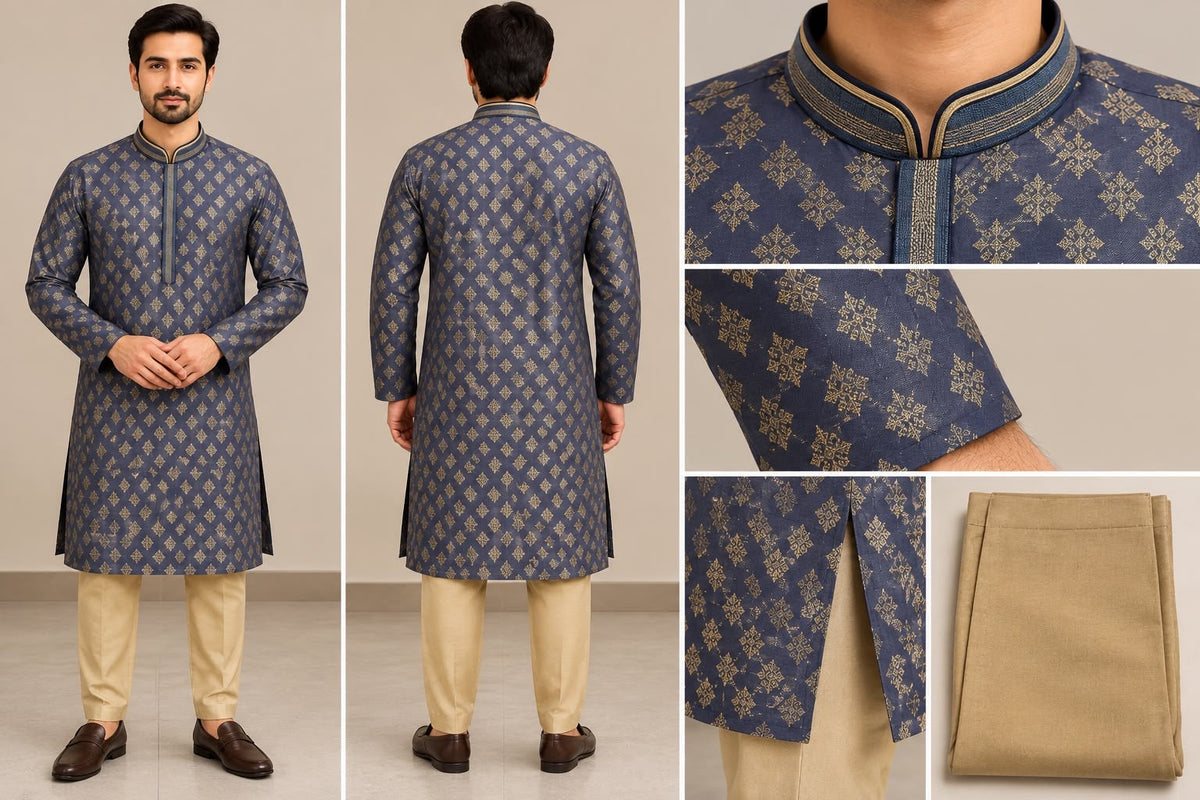 Men's Grey Kurta with Gold Pattern and Beige Trousers 40 Size