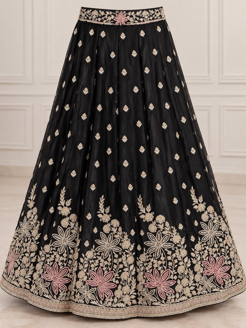 Black Floral Embroidered Unstitched Lehenga