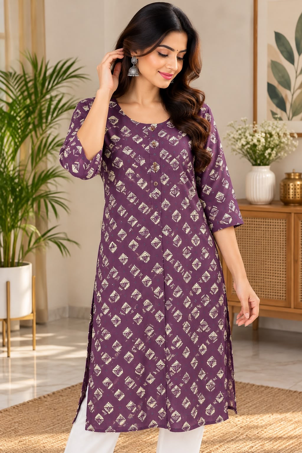 Purple and White Diamond Motif Print Kurti – L