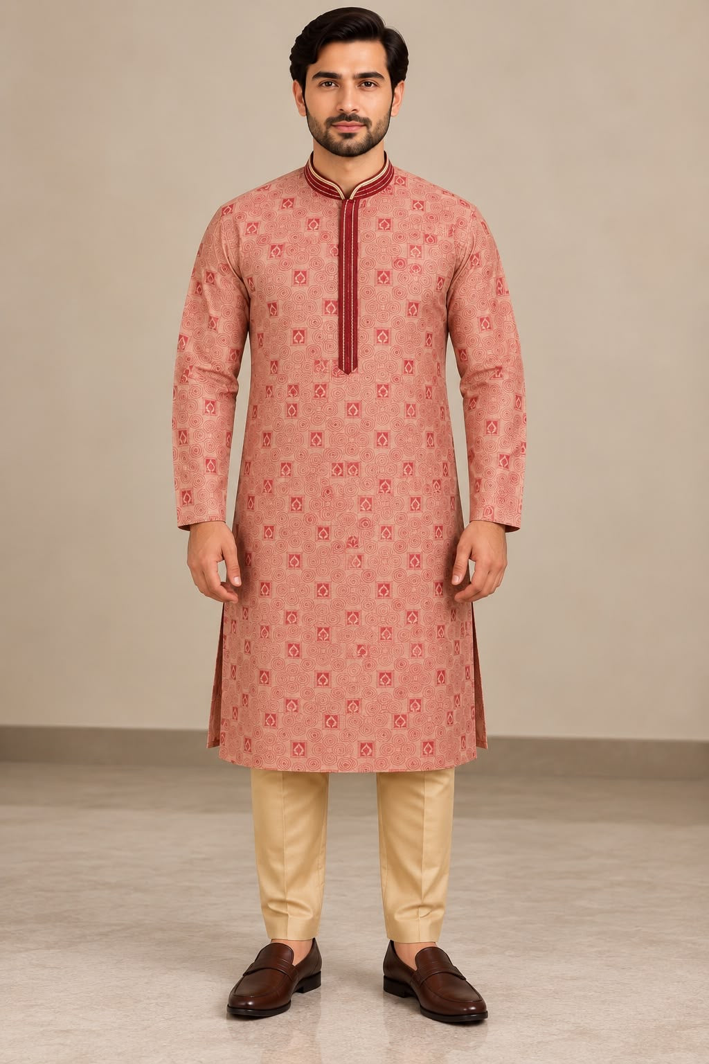 Men's Pink Kurta Beige Trousers 38 Size