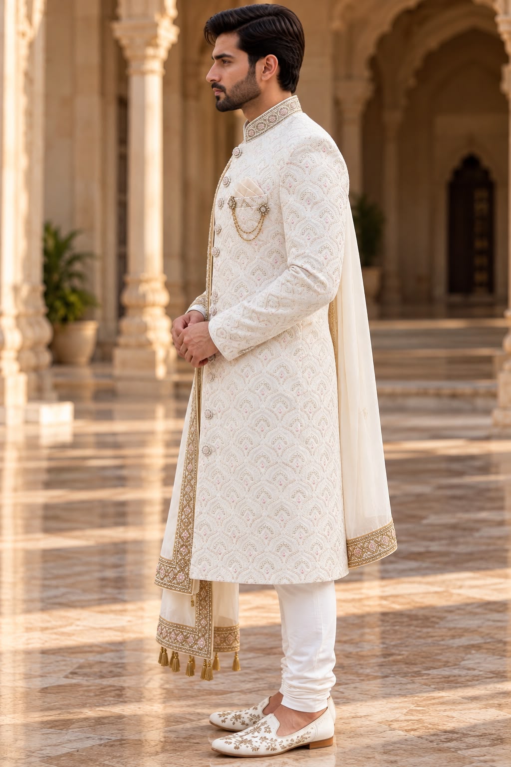 Ivory Sherwani with Pastel Floral Pattern – Size 40