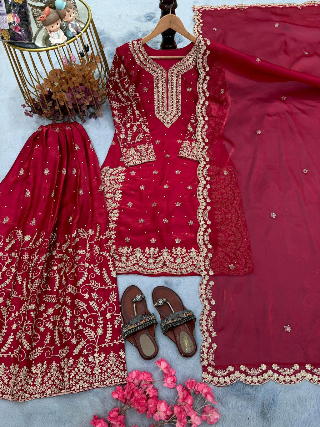 Designer Party Wear GMY Silk Top, Palazzo & Dupatta M Size