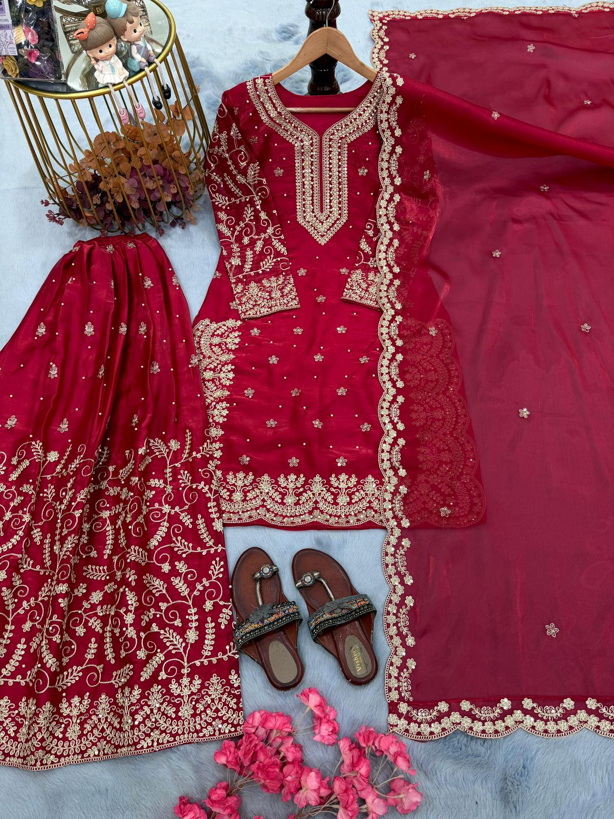 Designer Party Wear GMY Silk Top, Palazzo & Dupatta M Size