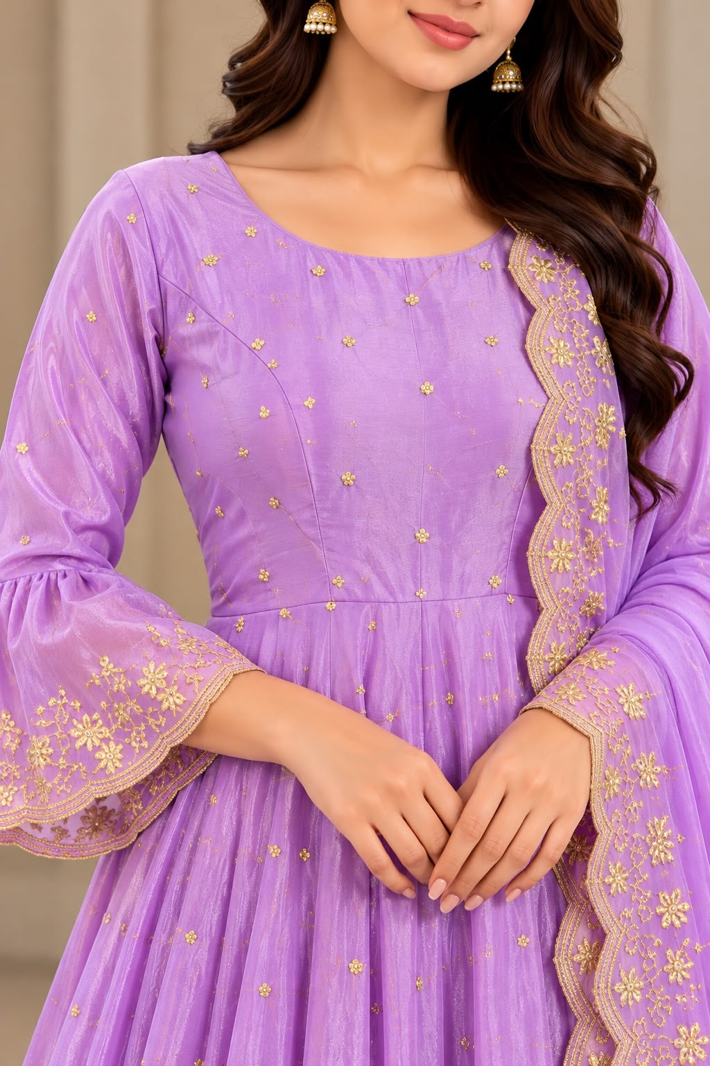Lavender Anarkali Outfit with Gold-Tone Detailing
