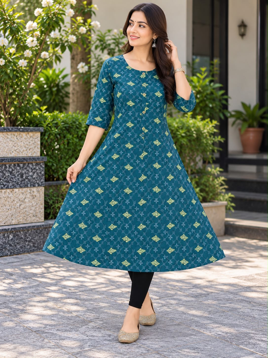 Damen Kurti – Petrol mit Rankenmuster, XL