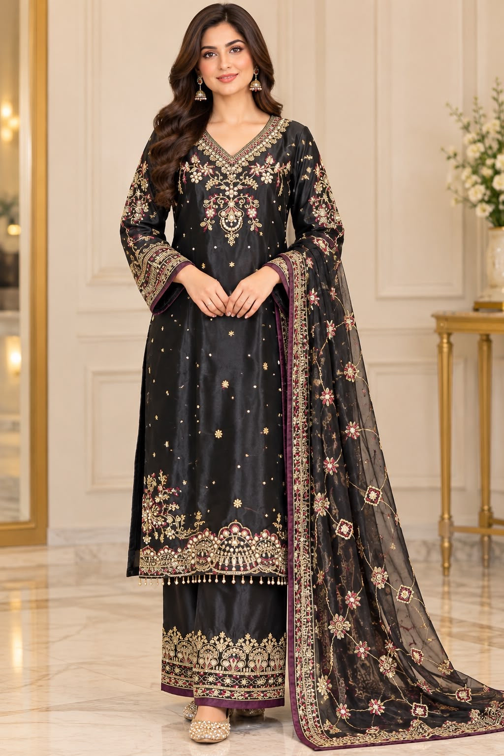 Black Floral Kurta Outfit with Gold-Tone Detailing – Size M