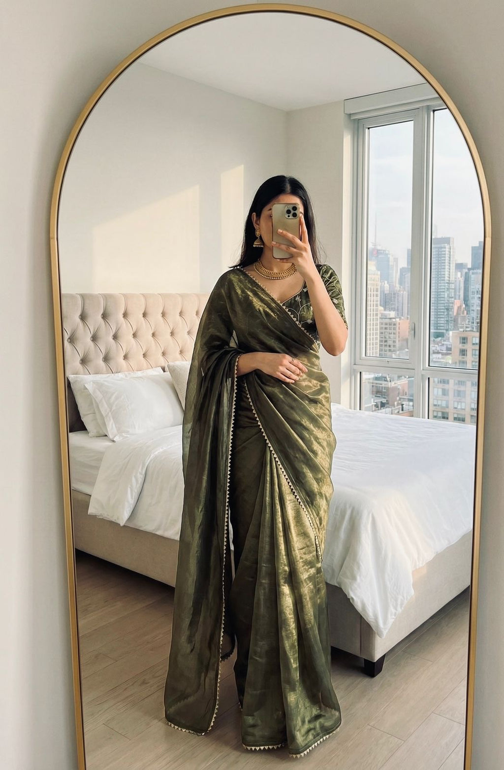 Party Saree Olive Green Gold