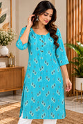 Turquoise leaf motif print kurti with button-front detail and three-quarter sleeves
