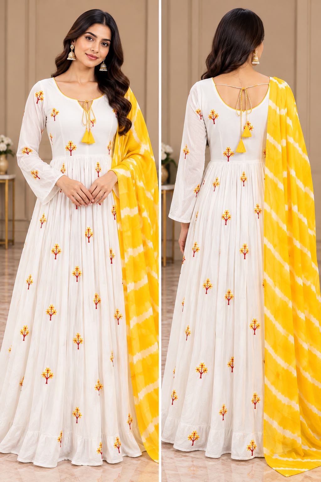 White Anarkali Dress with Yellow Floral Motifs – XXL