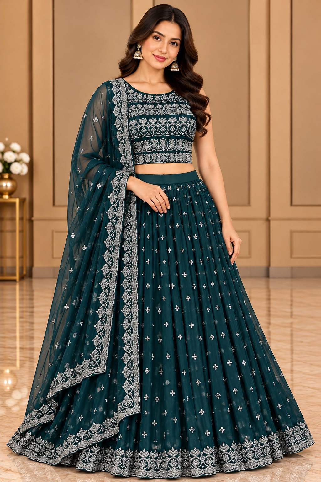 Dark Teal Embellished Lehenga Set – XXL Ready made