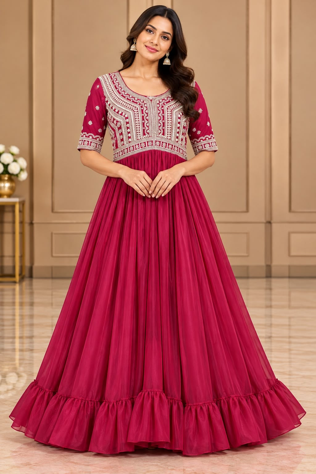 Deep Pink Embellished Anarkali Dress – XL
