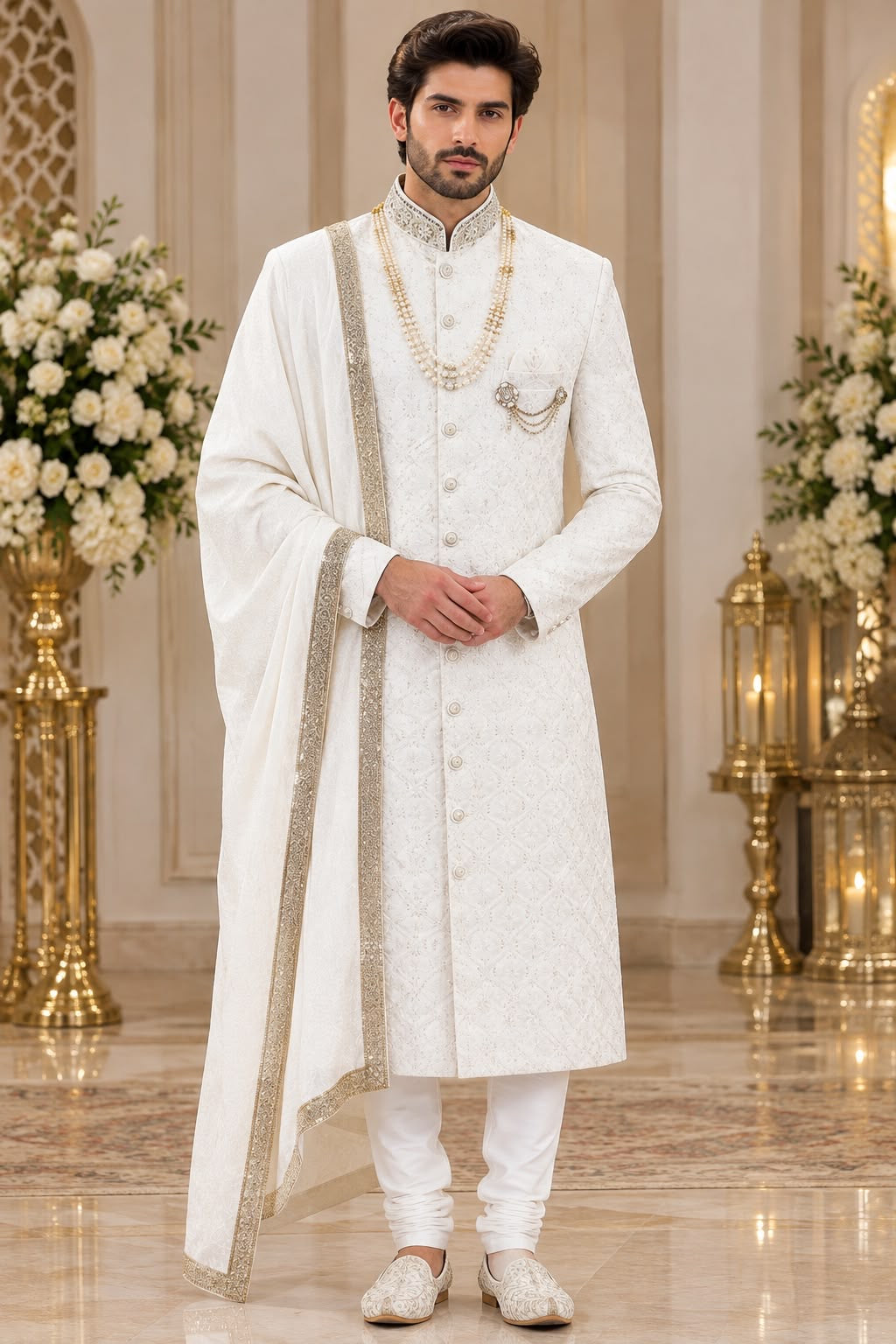 Ivory Floral Collar Sherwani – Size 44