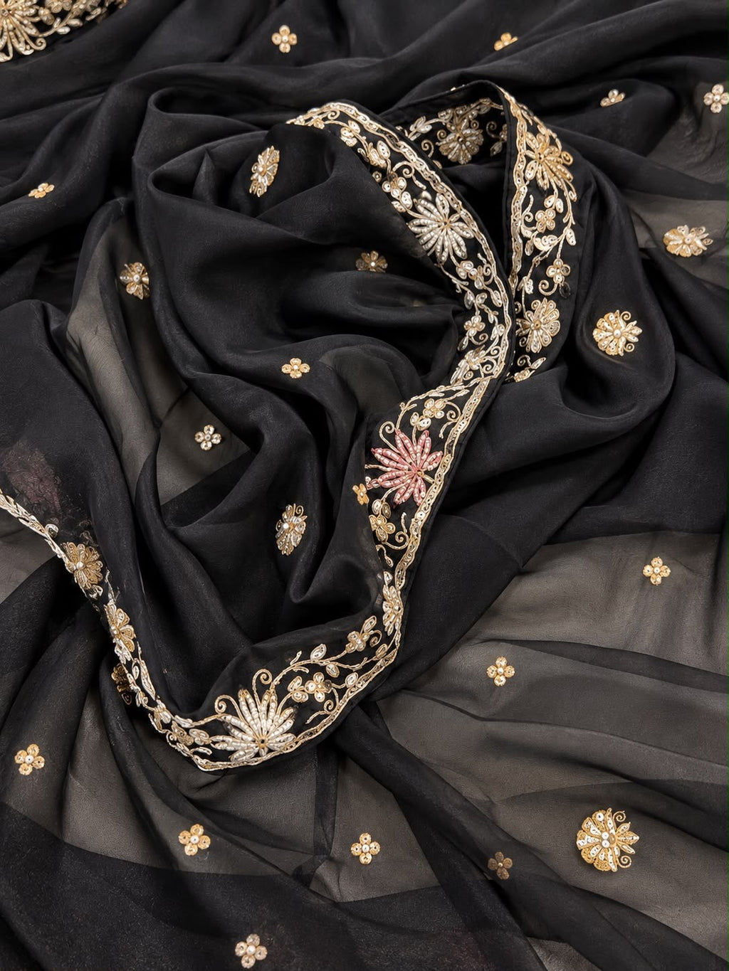 Black Floral Embroidered Unstitched Lehenga