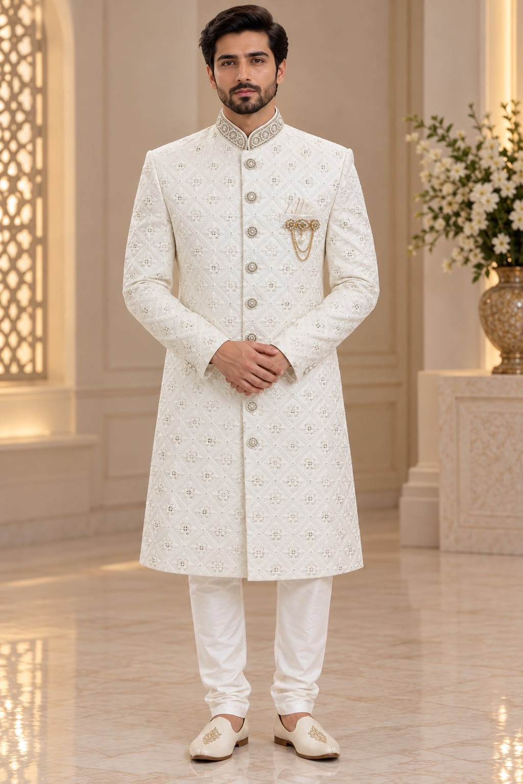 Ivory Sherwani with Geometric Embellishments – Size 42
