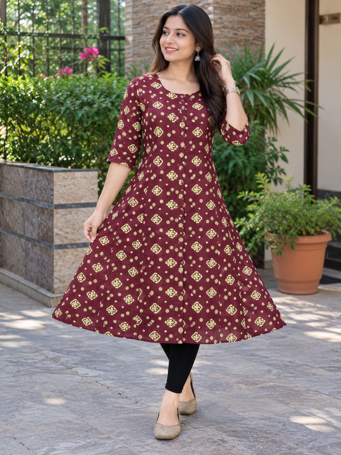 Damen Kurti – Bordeaux mit cremefarbenem Muster, XL