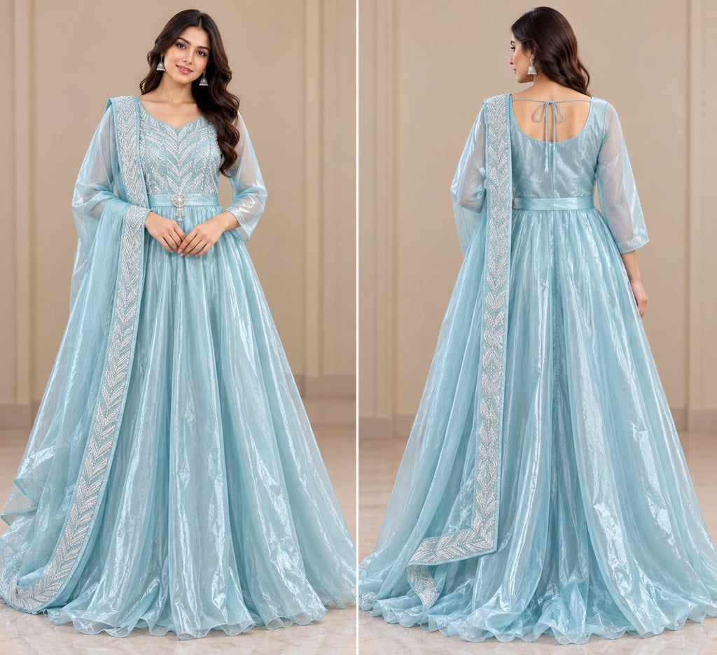 Light Blue Embellished Anarkali Dress – Size L