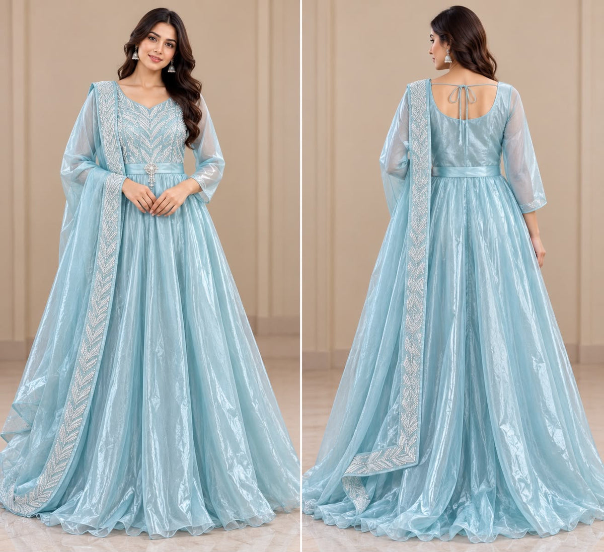 Light Blue Embellished Anarkali Dress – Size L