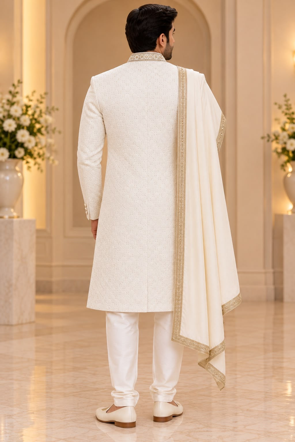 Ivory Sherwani with Embellished Collar – Size 38