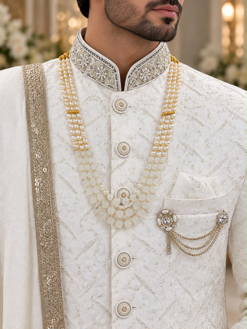 Ivory Floral Collar Sherwani – Size 44