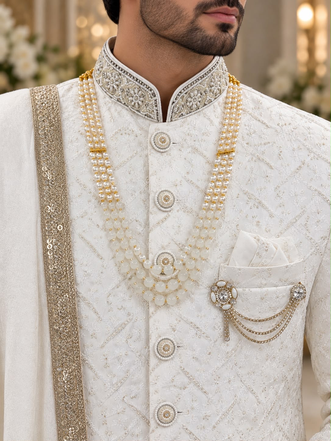 Ivory Floral Collar Sherwani – Size 44