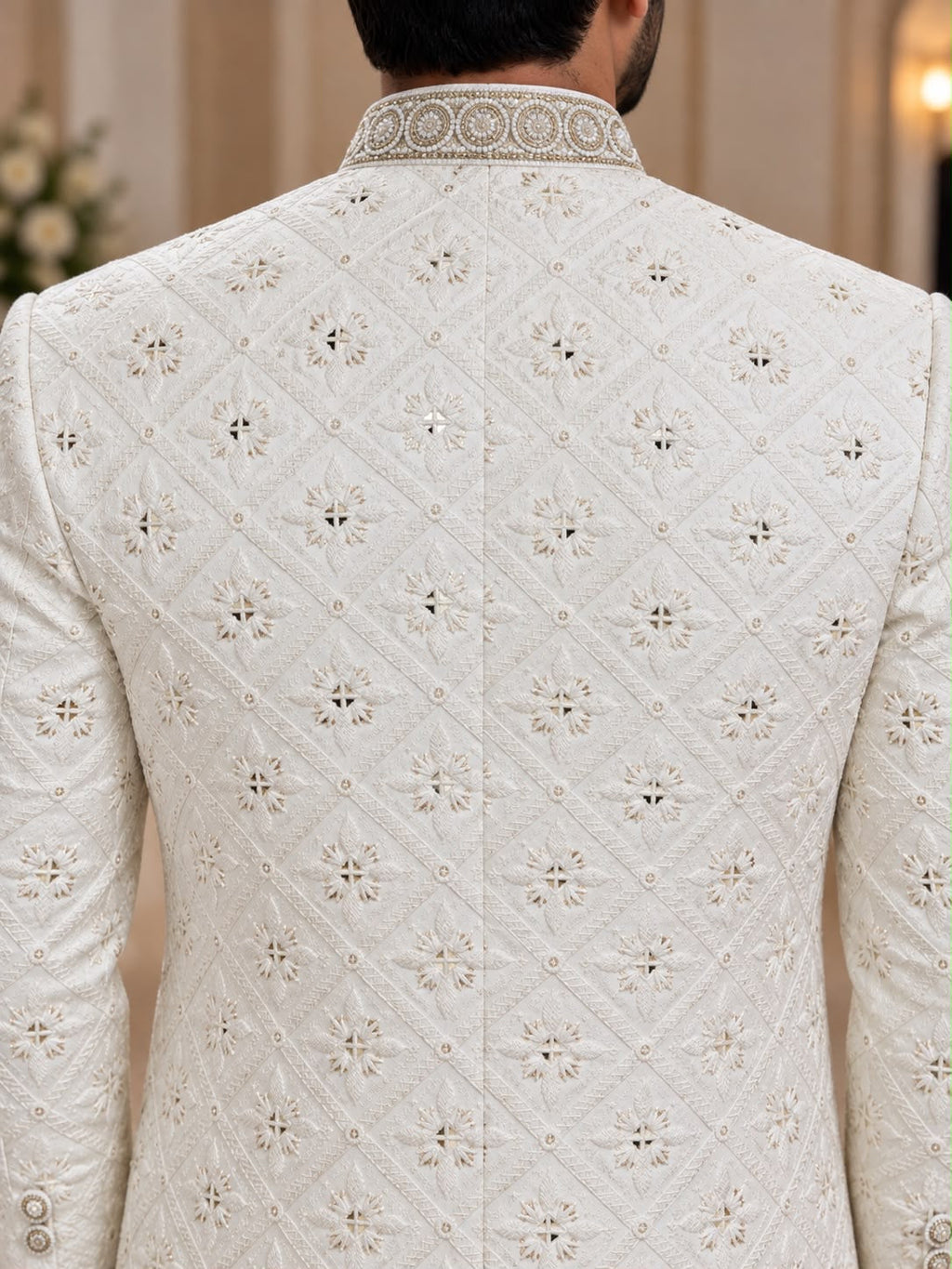 Ivory Sherwani with Geometric Embellishments – Size 42