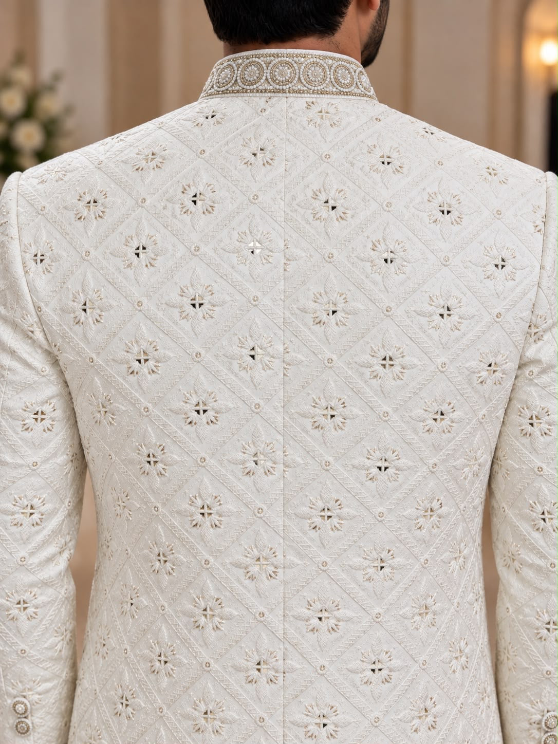 Ivory Sherwani with Geometric Embellishments – Size 42