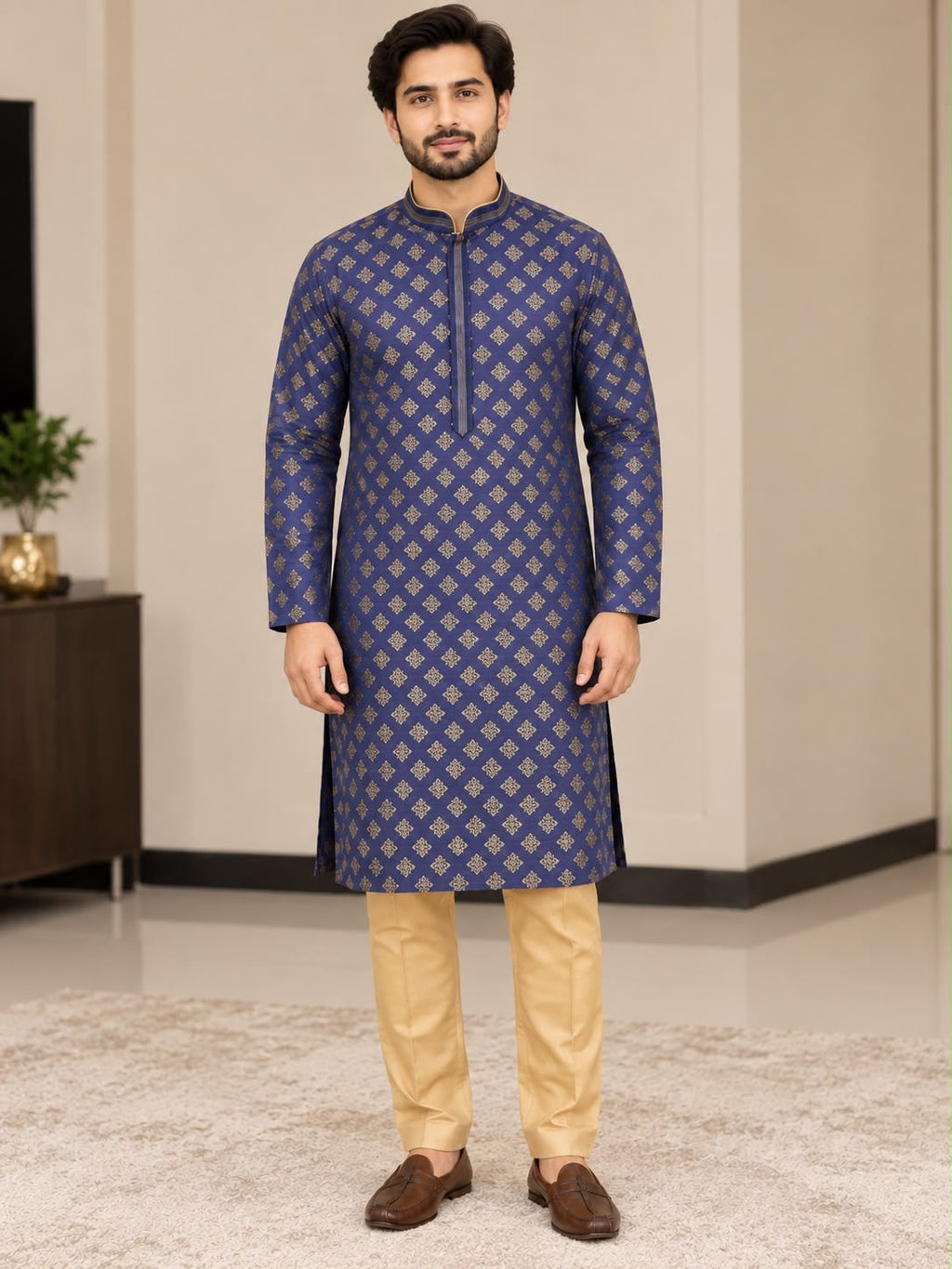 Men's Blue Embroidered Kurta with Churidar Pajama 42 Size