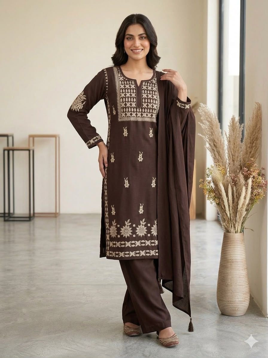 Chikankari Top mit Plazzo und Dupatta, Braun, XXL