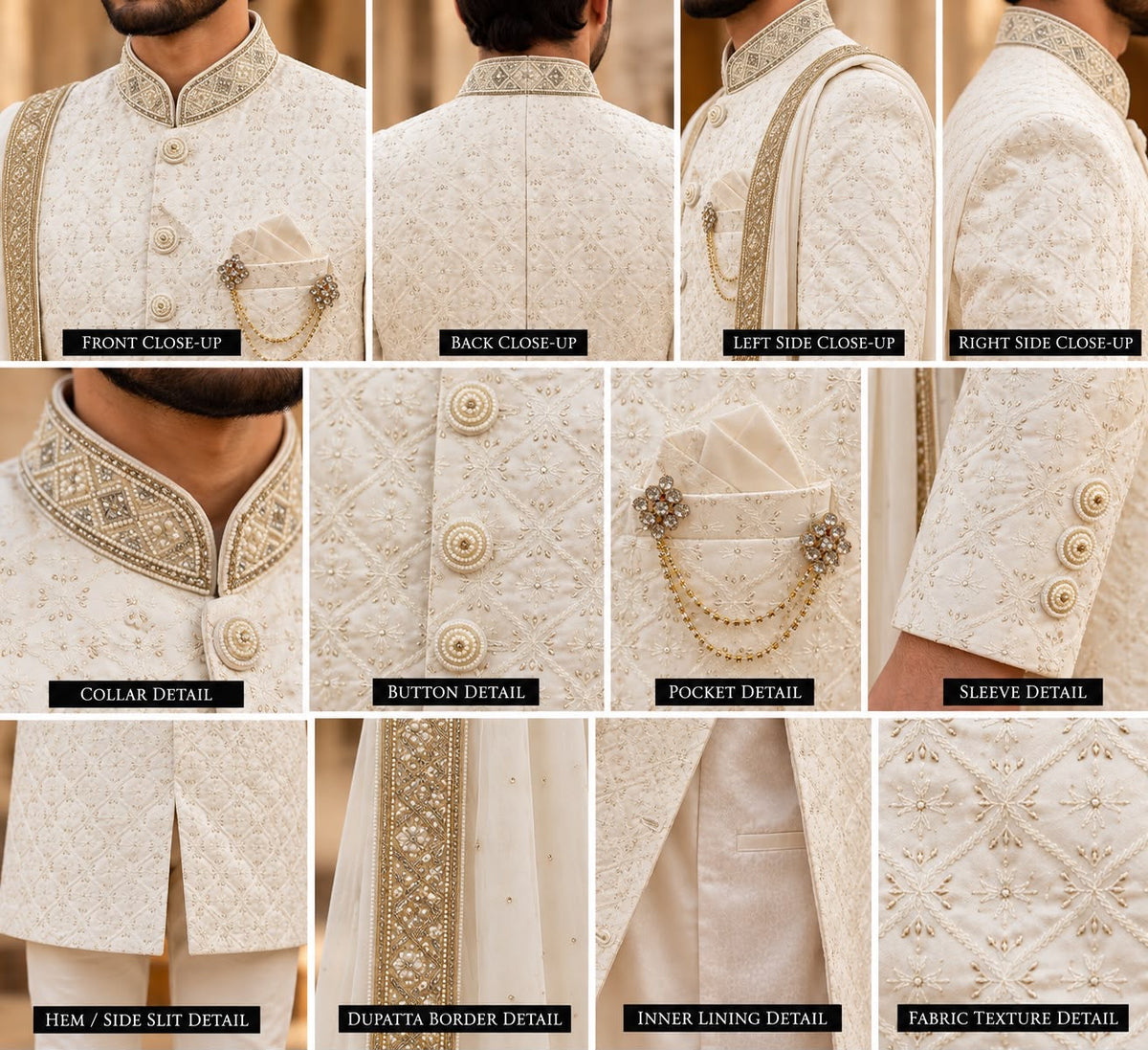 Ivory Sherwani with Diamond Floral Detailing – Size 44