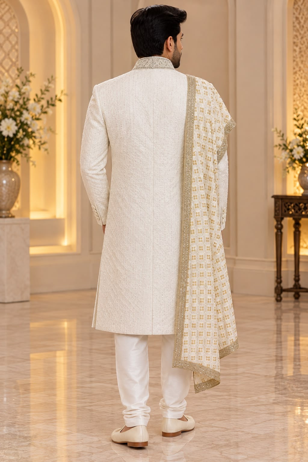 Ivory Sherwani with Gold-Tone Detailing – Size 38