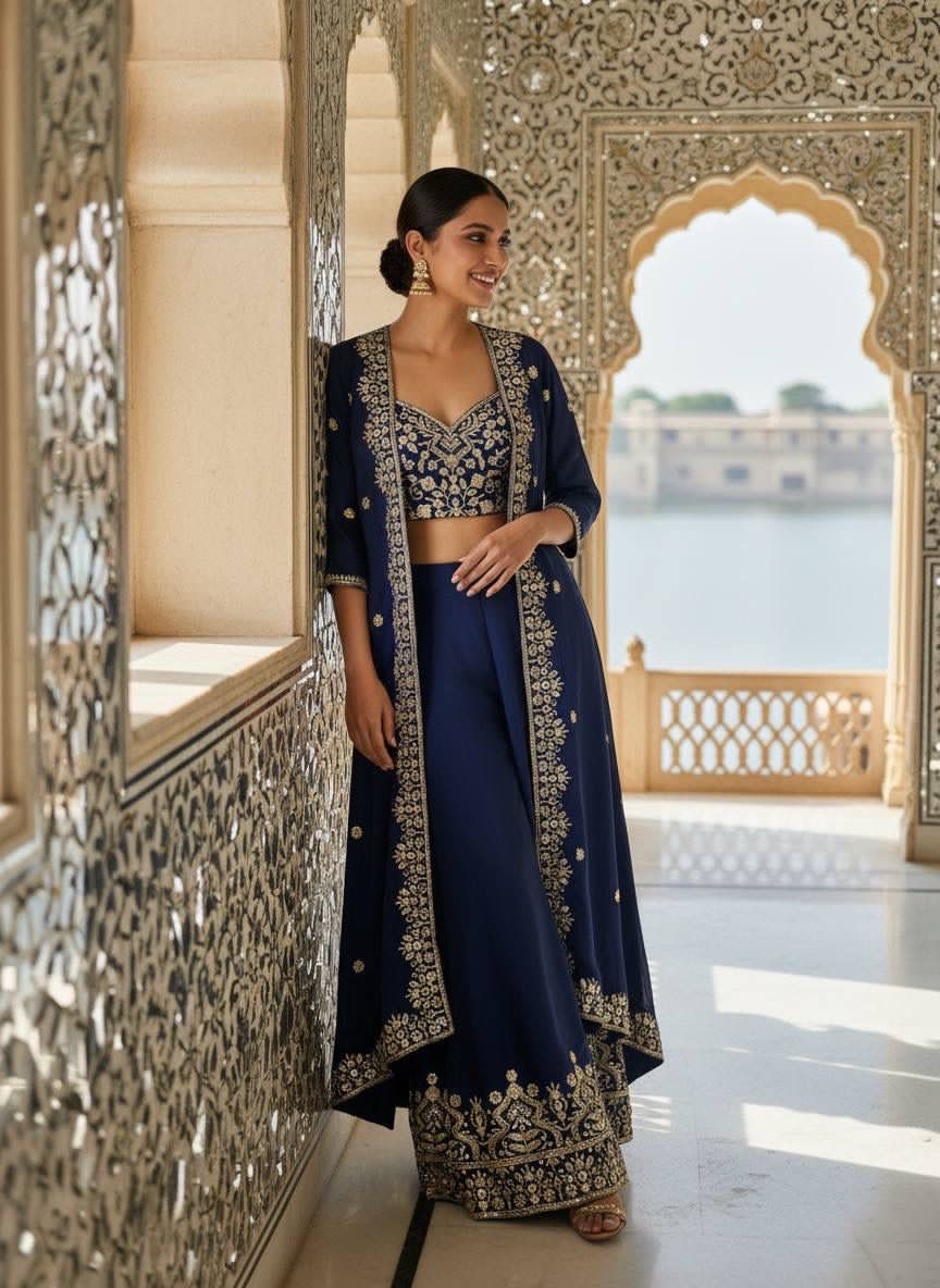 Marineblaues Lehenga-Set mit Goldstickerei L size
