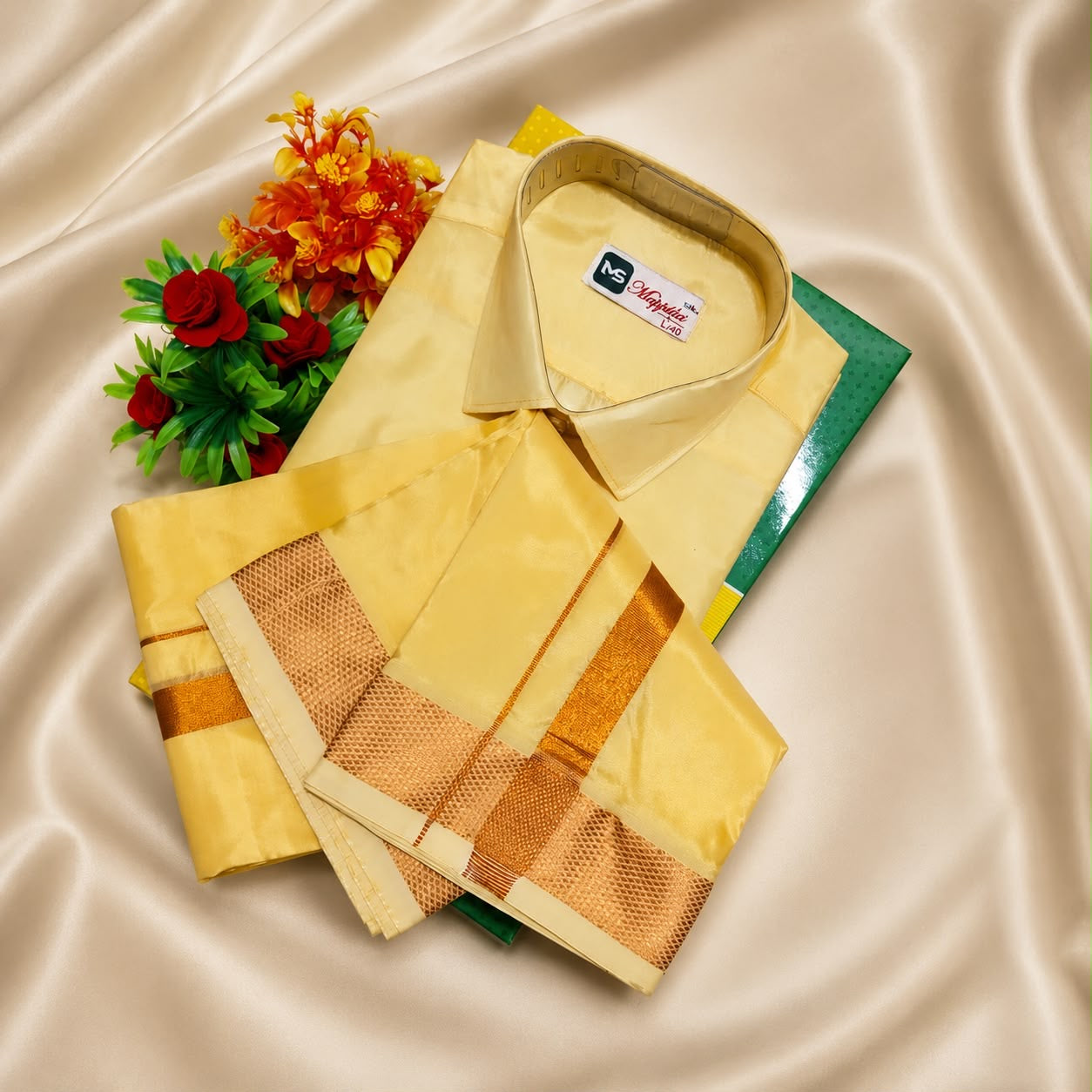 Premium Aasha Pattu – Herren Seiden-Set (Hemd & Dhoti) M size Major to S