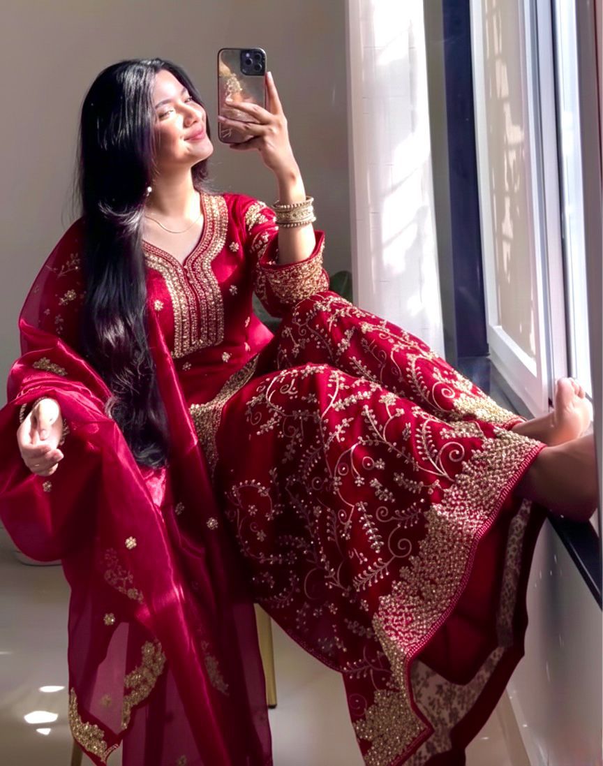 Designer Party Wear GMY Silk Top, Palazzo & Dupatta M Size