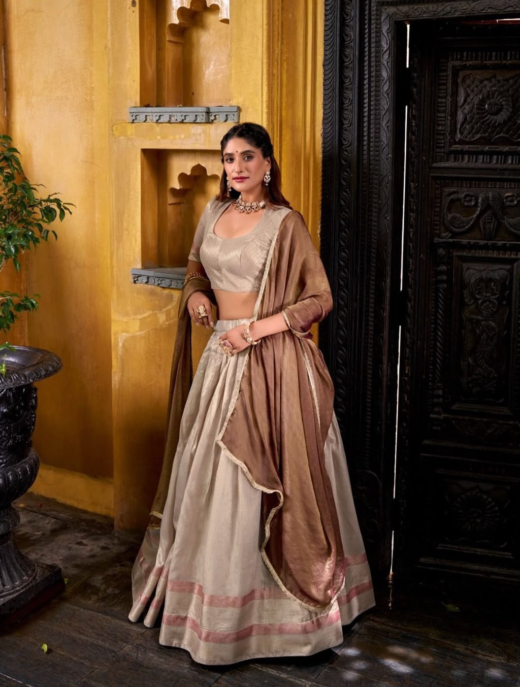 Elegantes Lehenga-Set Grau & Braun S Major to XXL